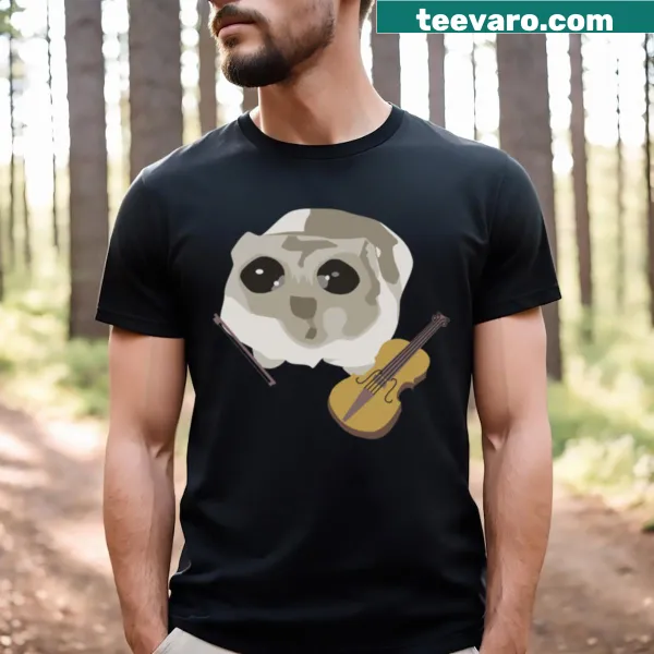 T-shirt depicting a sad hamster playing a violin in a cartoon style.