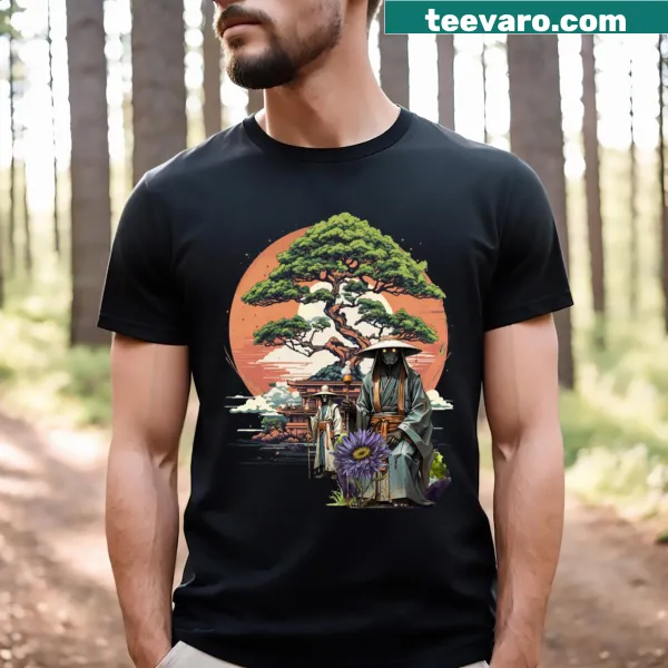 Samurai robots outside a temple illustrated on a t-shirt