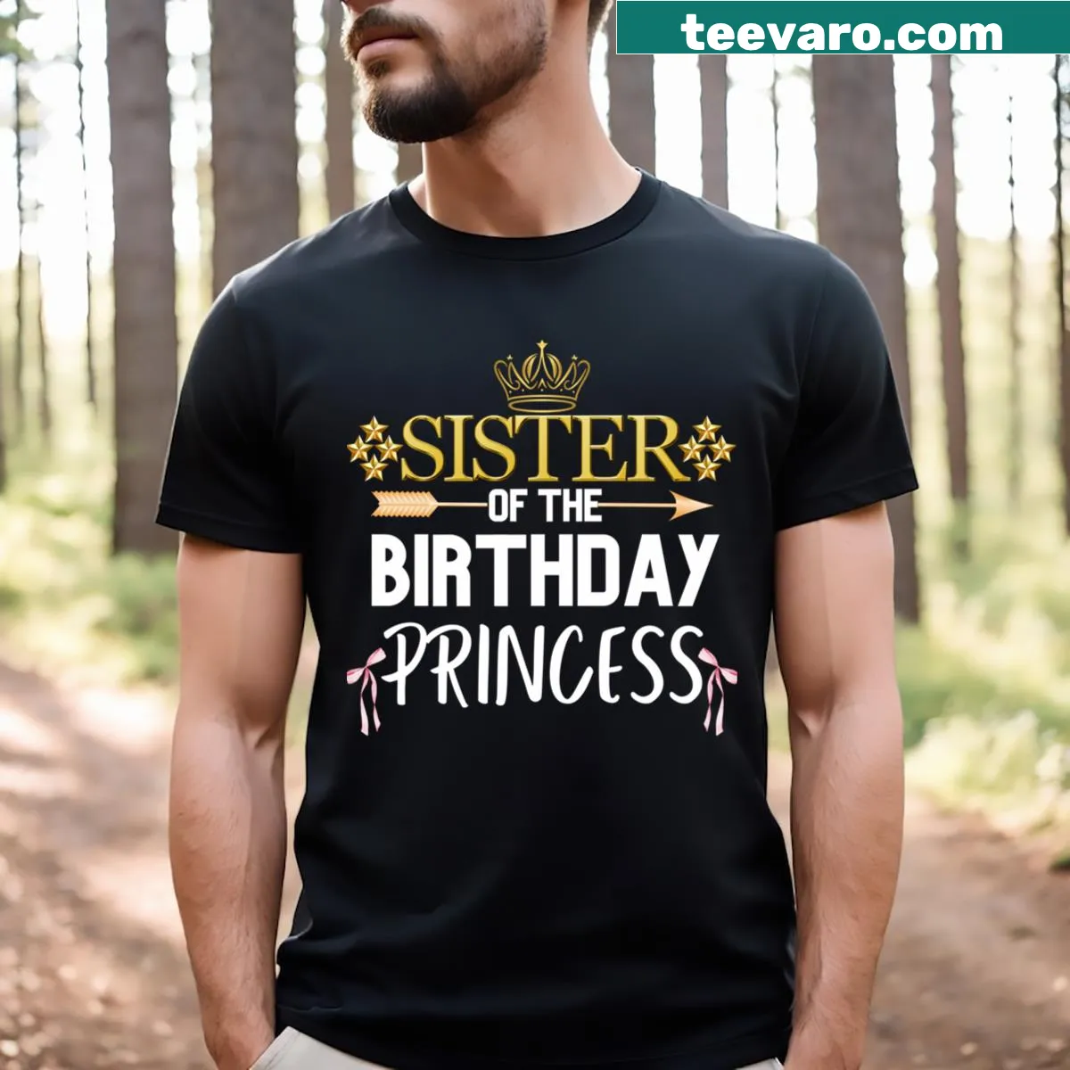 Cartoon design with 'Sister of the Birthday Princess' text — on a men's t-shirt