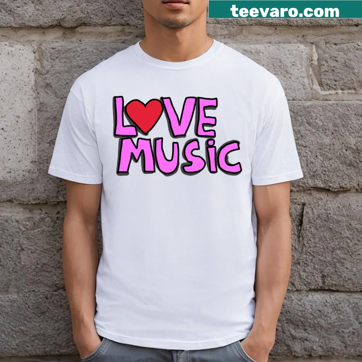 T-shirt featuring playful music-themed sticker design and fun typography — on a men's t-shirt