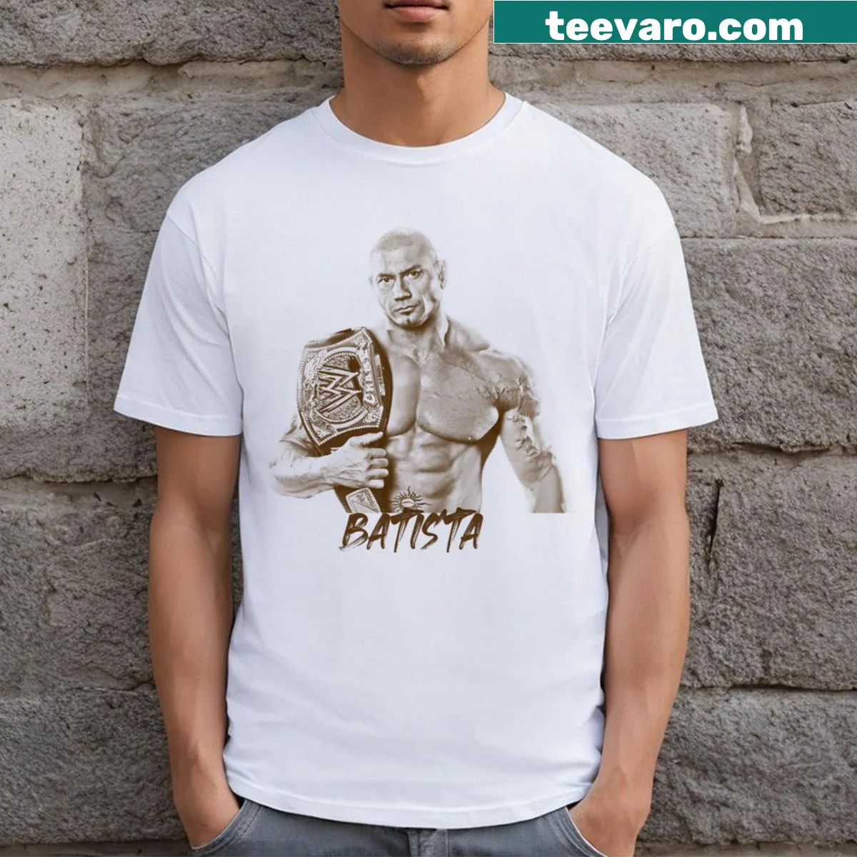 T-shirt featuring a Champions Batista badge design — on a men's t-shirt