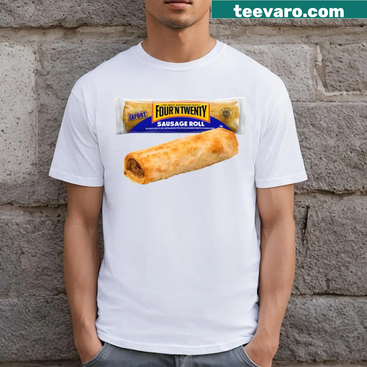 Sausage roll themed t-shirt with playful typography — on a men's t-shirt