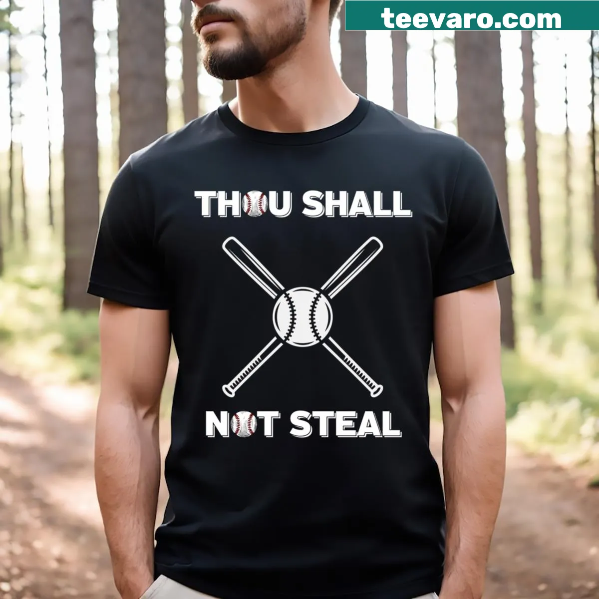 T-shirt with the phrase 'Thou Shall Not Steal' for softball catchers — on a men's t-shirt