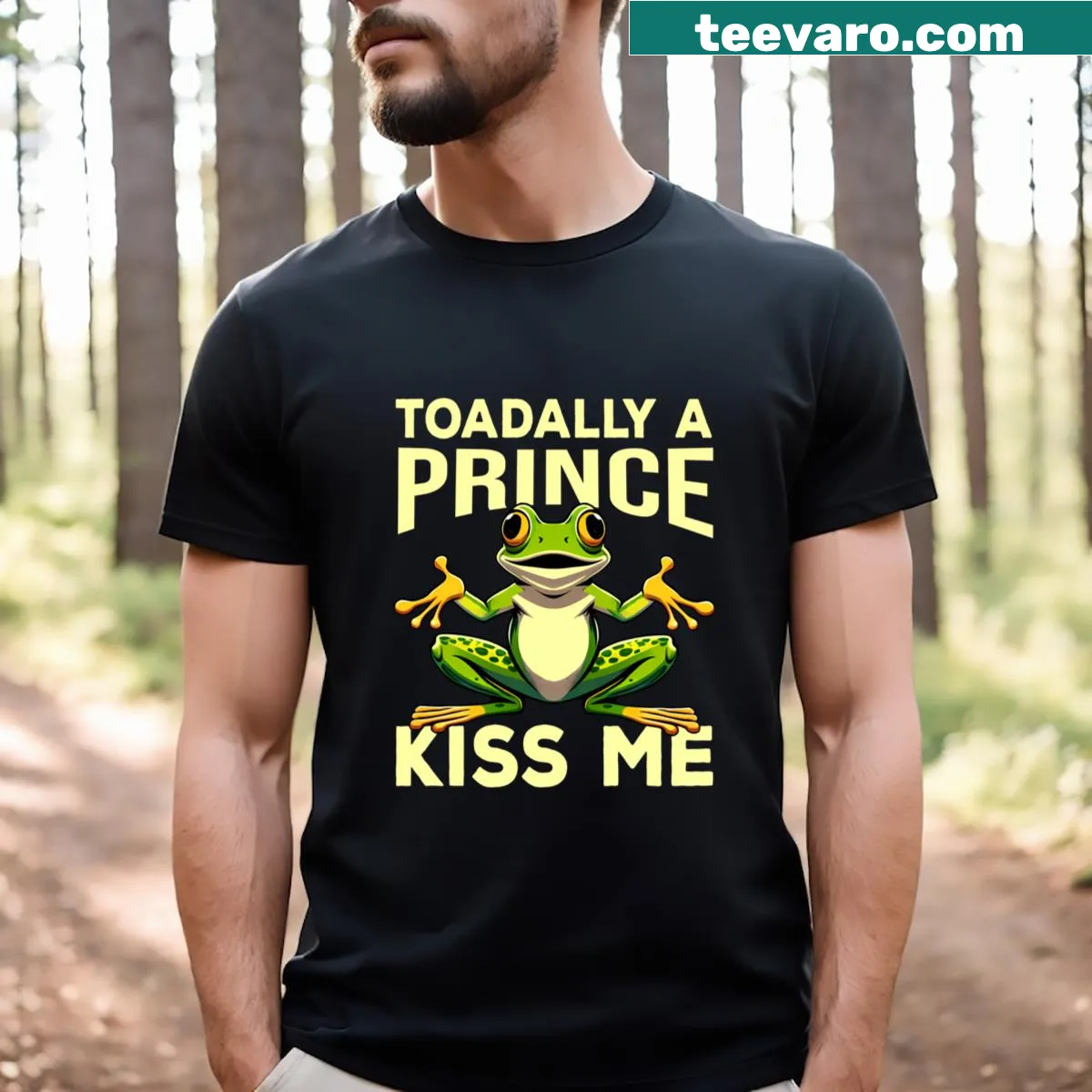 T-shirt with a cute frog design and pun 'Toadally A Prince Kiss Me' — on a men's t-shirt
