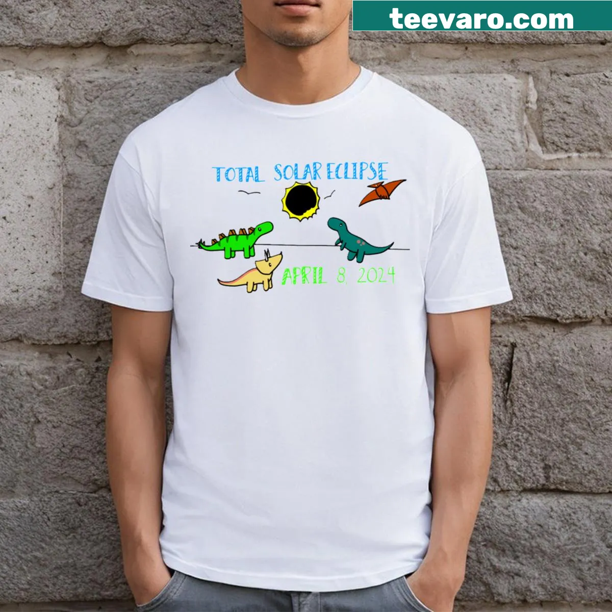 T-shirt featuring dinosaurs watching a total solar eclipse — on a men's t-shirt