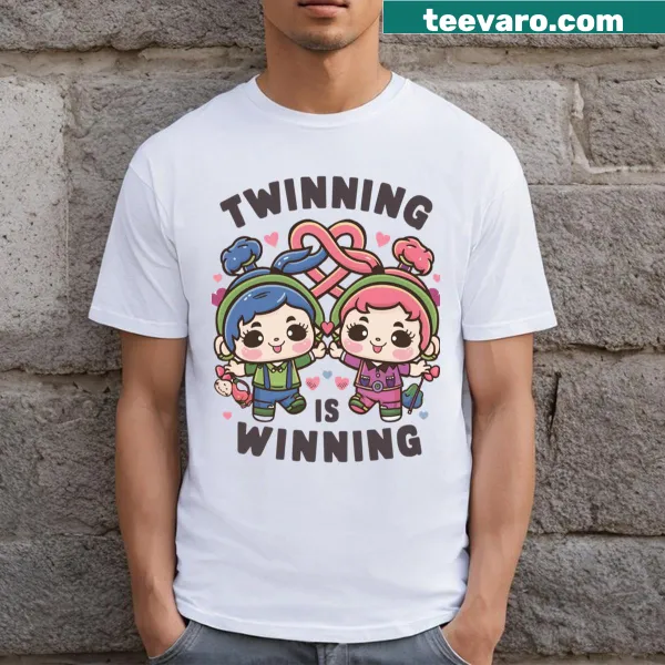 Kawaii T-shirt with the phrase 'Twinning Is Winning' in a cute design
