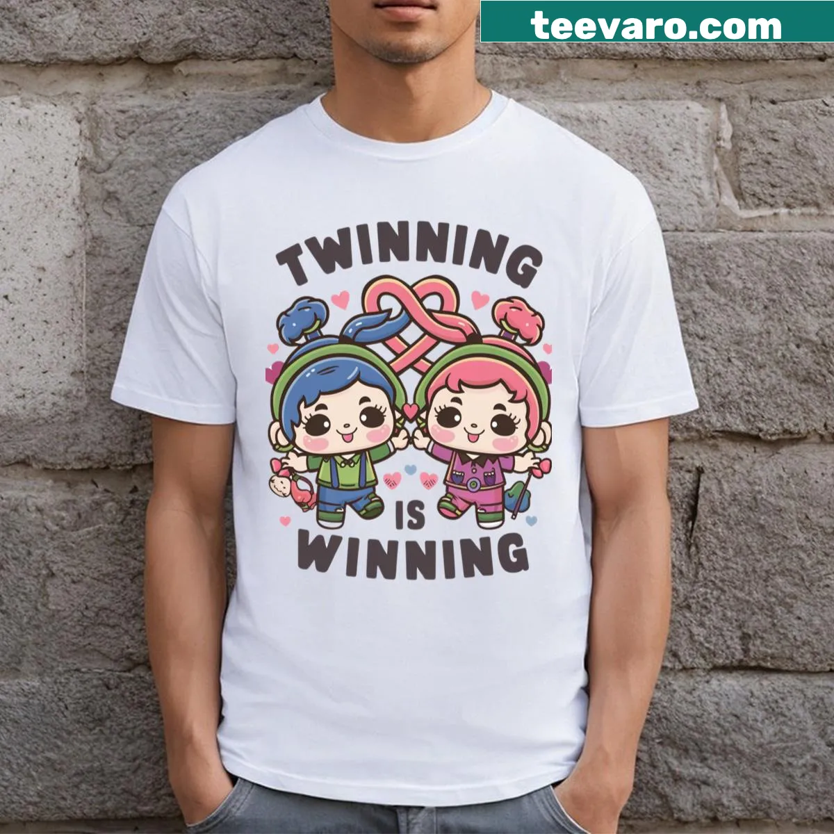 Kawaii T-shirt with the phrase 'Twinning Is Winning' in a cute design — on a men's t-shirt