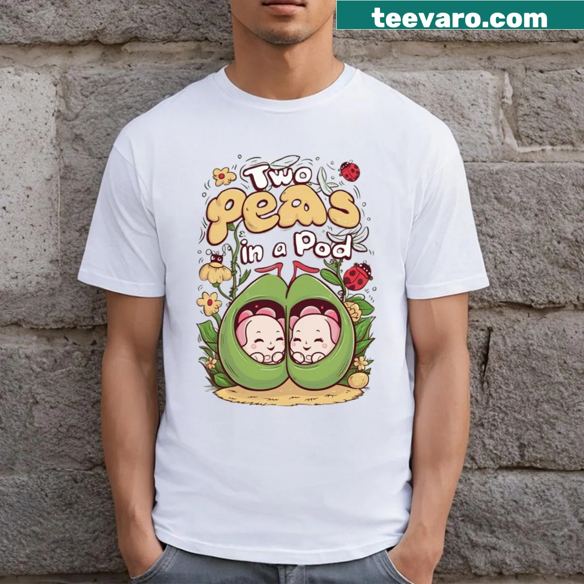 Kawaii T-shirt with two peas in a pod design, symbolizing friendship — on a men's t-shirt