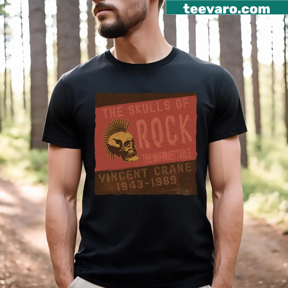 Tribute t-shirt featuring Vincent Crane's music career from 1943 to 1989 — on a men's t-shirt