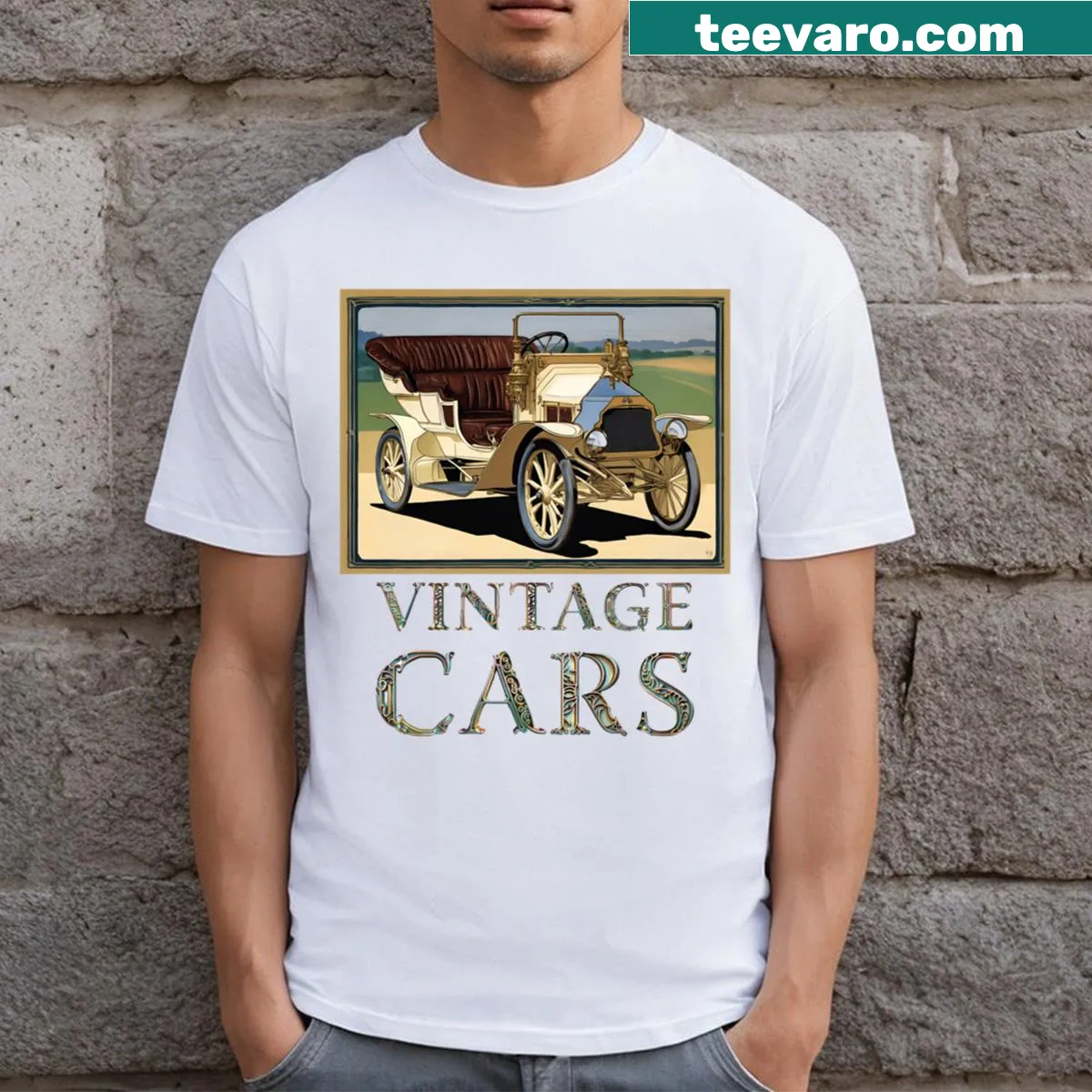 Vintage t-shirt featuring classic car designs — on a men's t-shirt