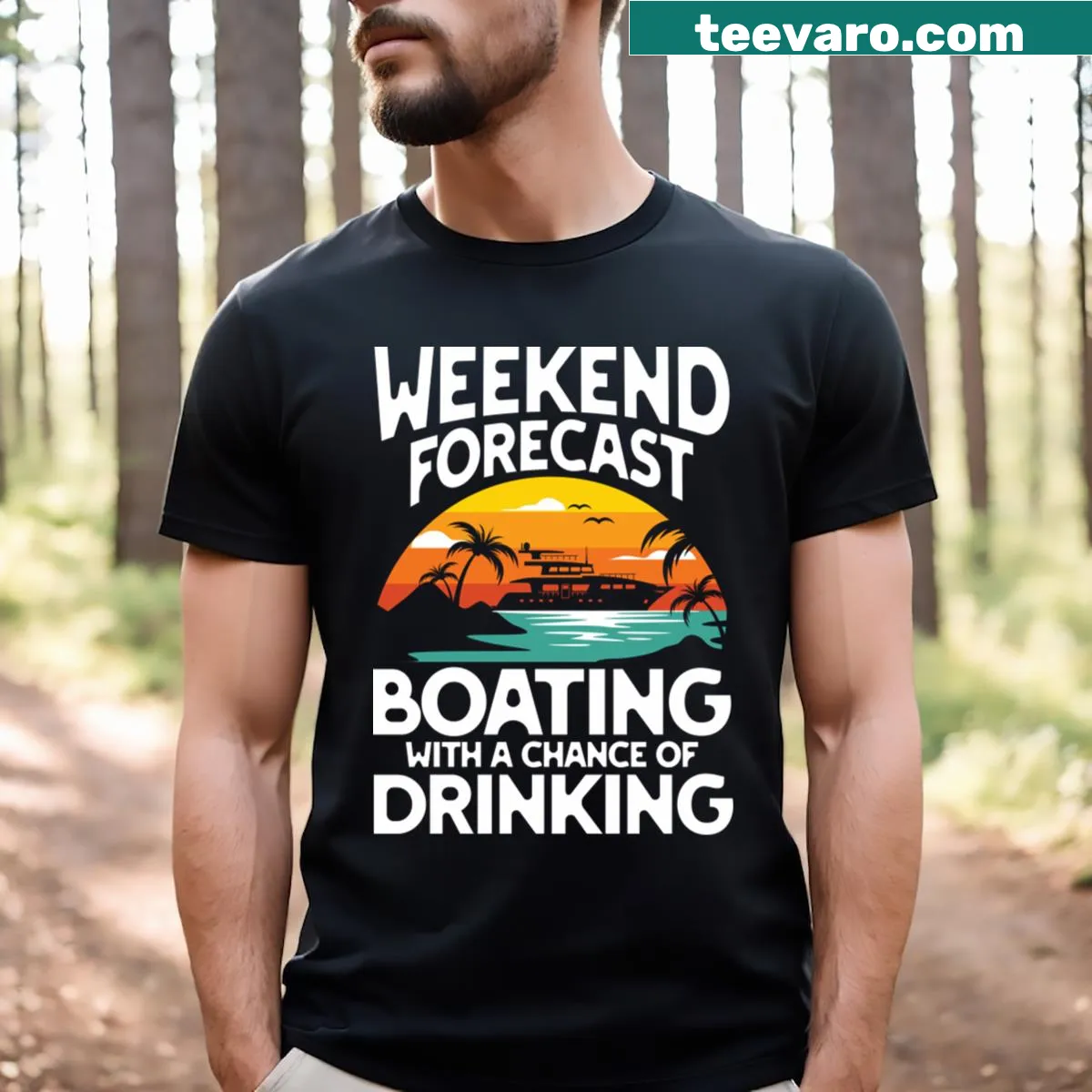 Vintage boating t-shirt with a playful forecast phrase — on a men's t-shirt