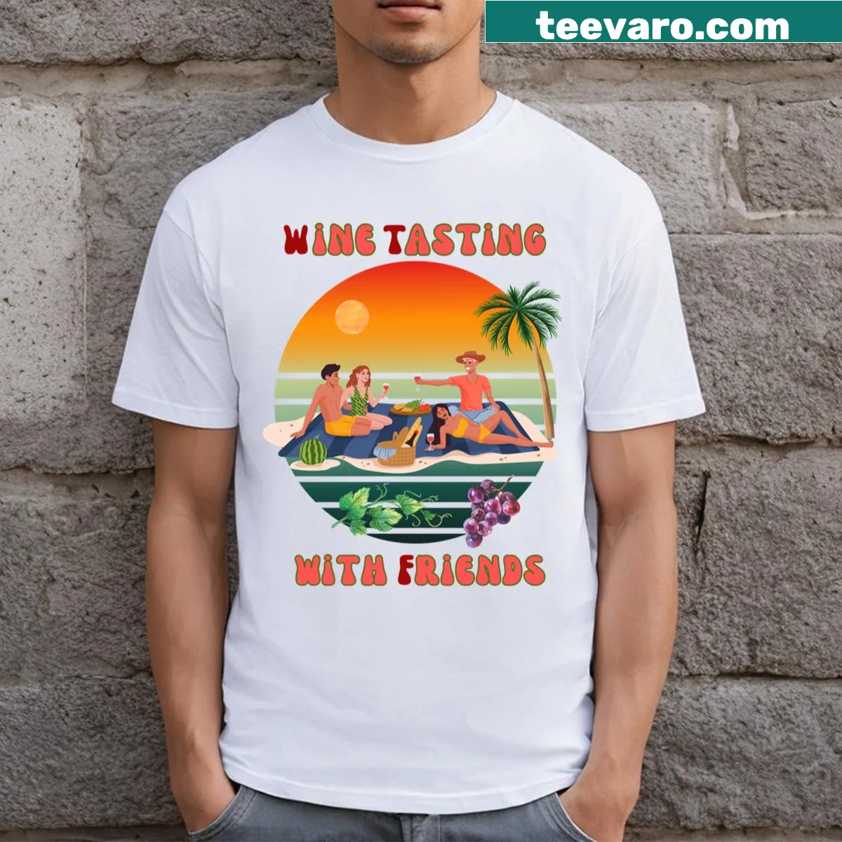 Beach-themed wine tasting T-shirt with playful graphics — on a men's t-shirt