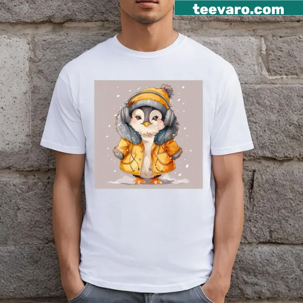 Illustration of a penguin with headphones, enjoying winter music