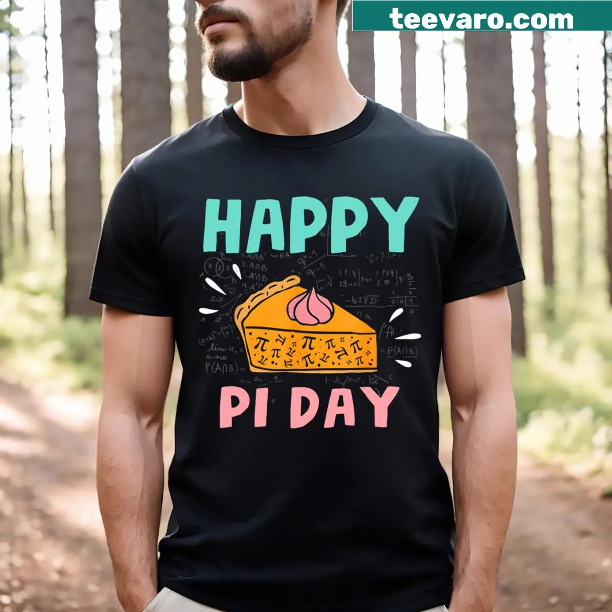 Pi Day t-shirt featuring a pi symbol and pie graphic — on a men's t-shirt
