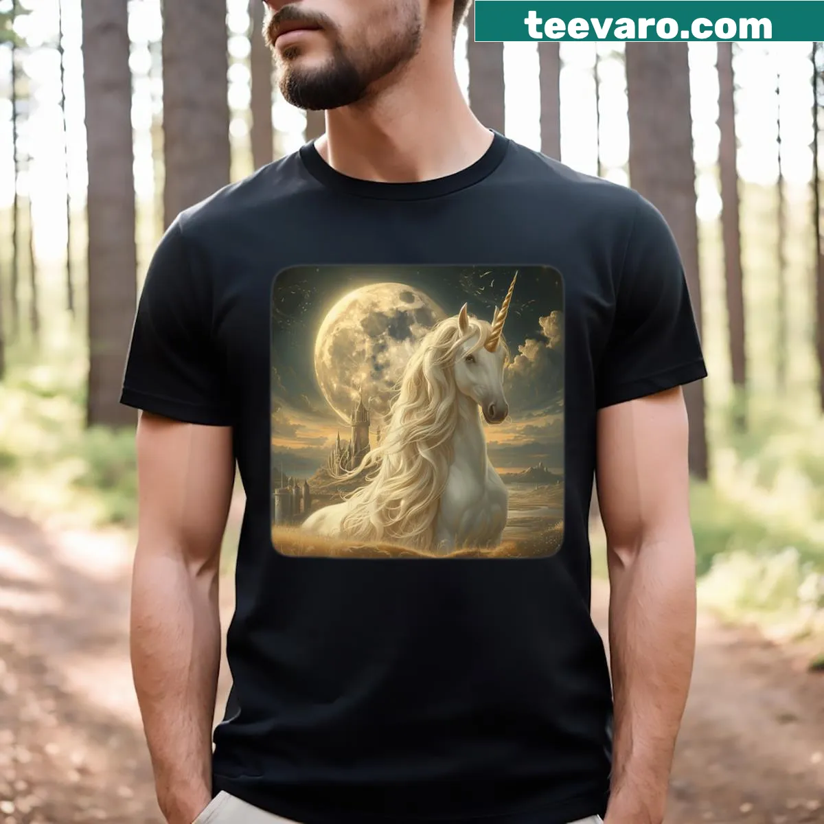 Whimsical unicorn under the moon graphic on a T-shirt — on a men's t-shirt