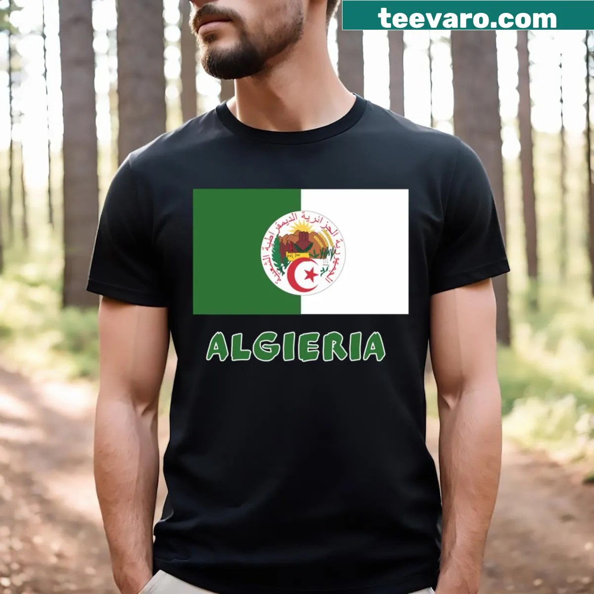 T-shirt featuring the Algeria flag integrated into a map shape — on a men's t-shirt