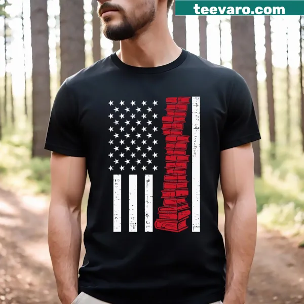 T-shirt featuring the American flag and books for reading enthusiasts