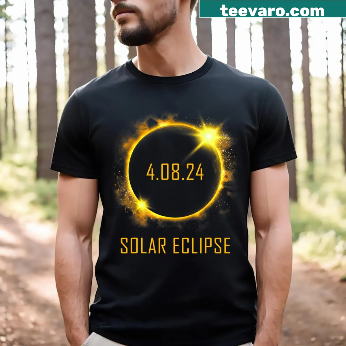 T-shirt featuring design commemorating the 2024 total solar eclipse — on a men's t-shirt