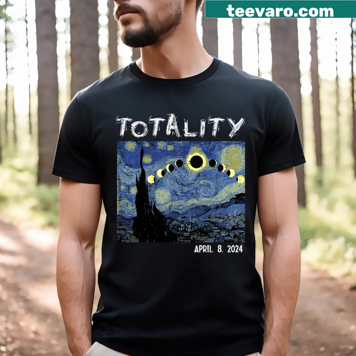 T-shirt celebrating the solar eclipse on April 8, 2024, featuring a cosmic graphic. — on a men's t-shirt