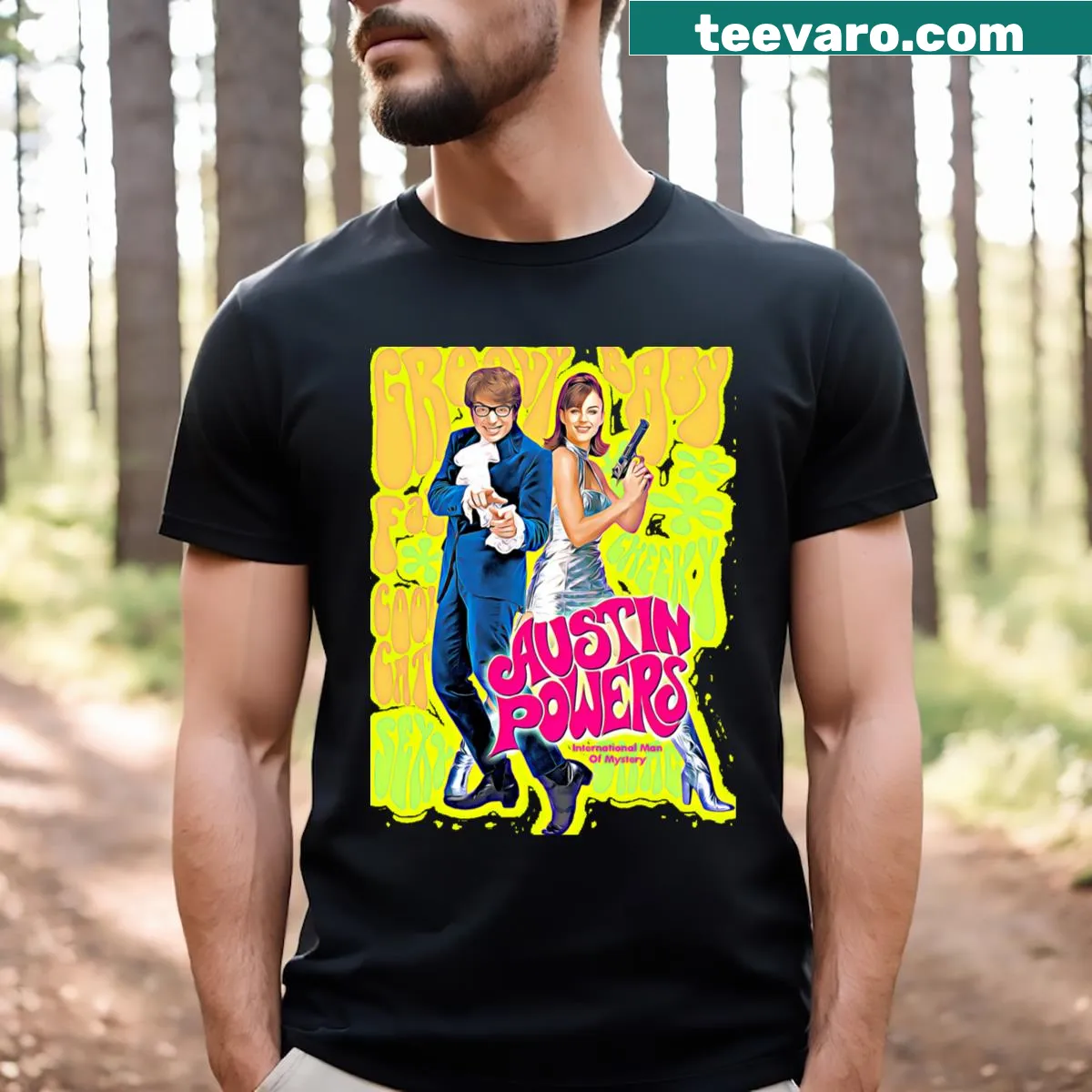 Retro poster-style T-shirt featuring Austin Powers — on a men's t-shirt