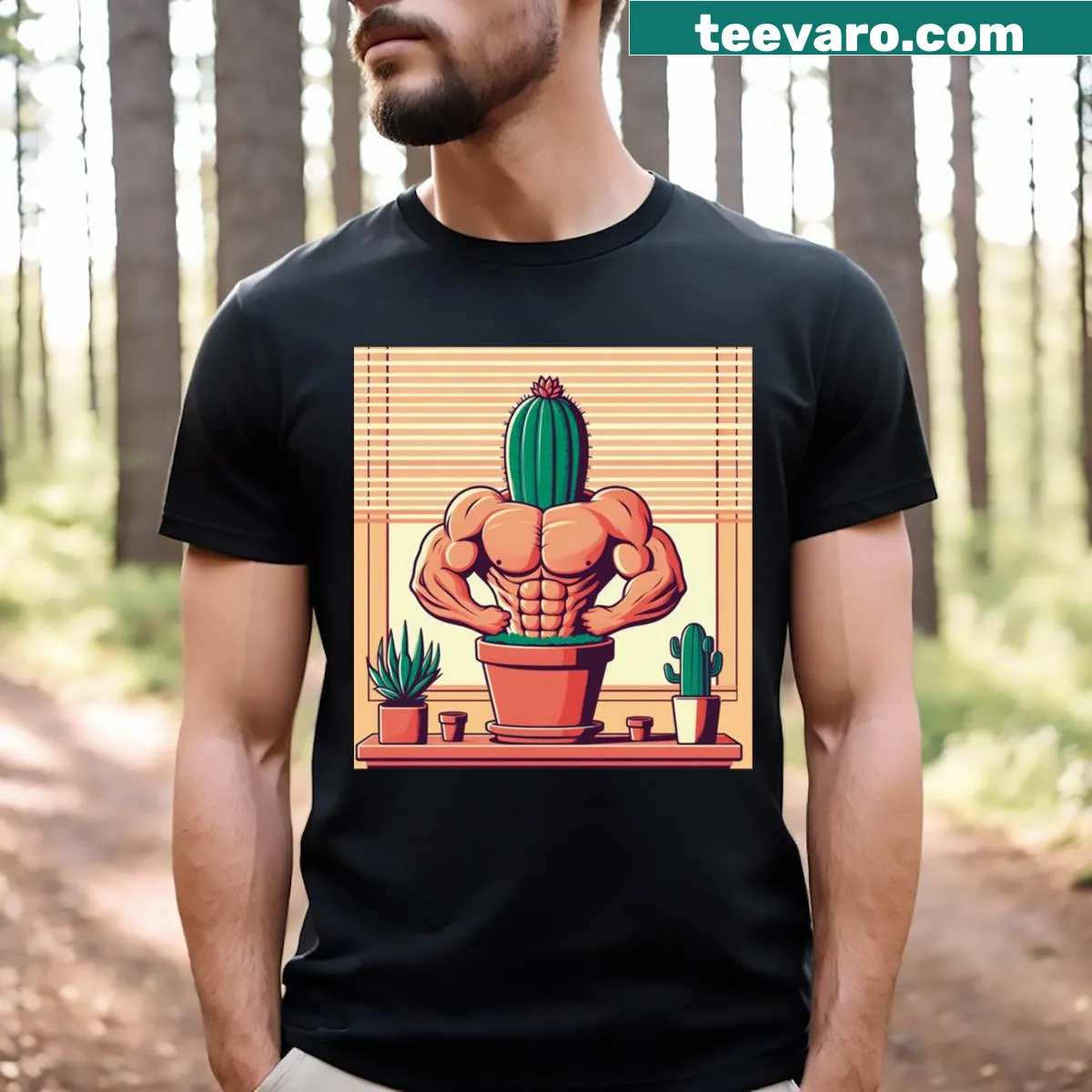 Motivational T-shirt featuring a muscular cactus with gym theme — on a men's t-shirt