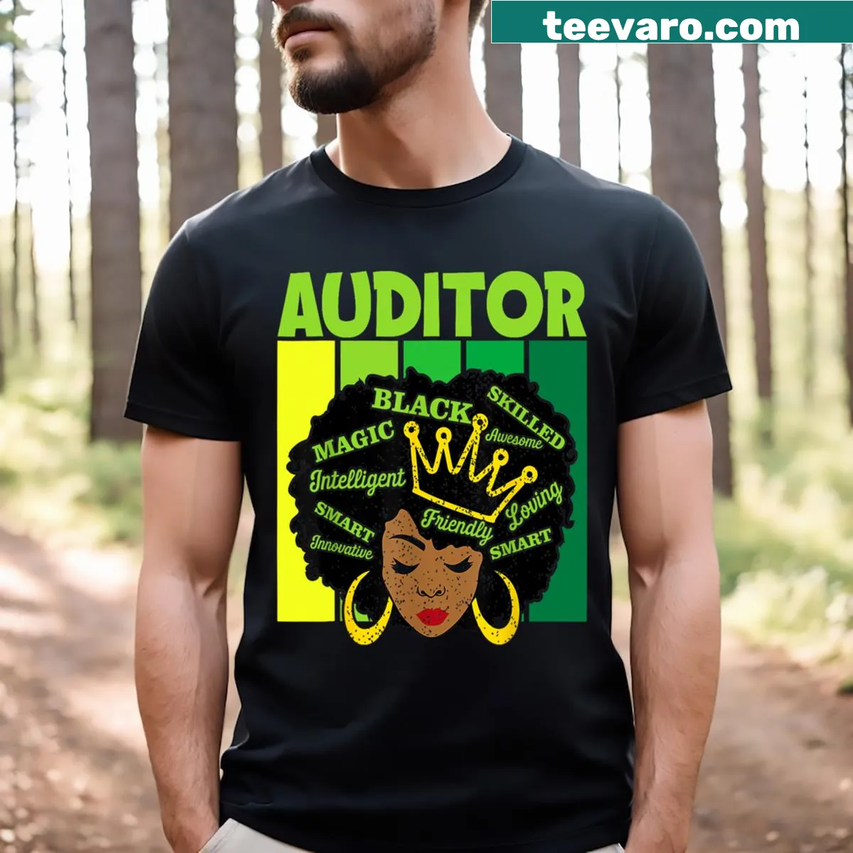 Retro St. Patrick's Day t-shirt featuring a Black Afro woman auditor — on a men's t-shirt