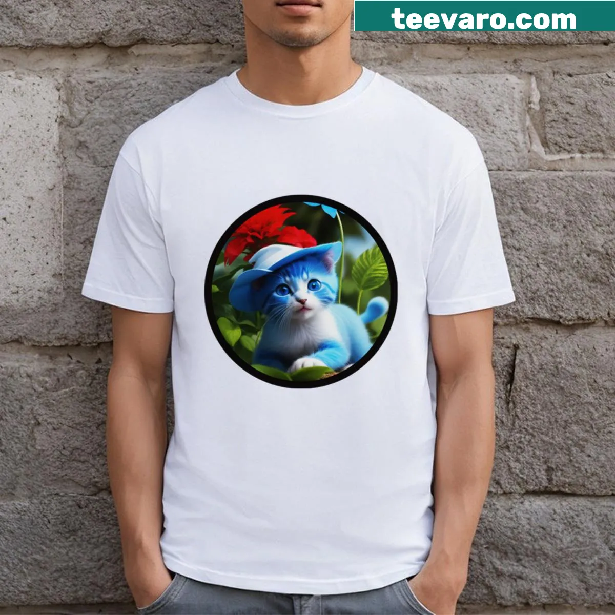 T-shirt featuring a cute Smurf kitten playing in a garden — on a men's t-shirt