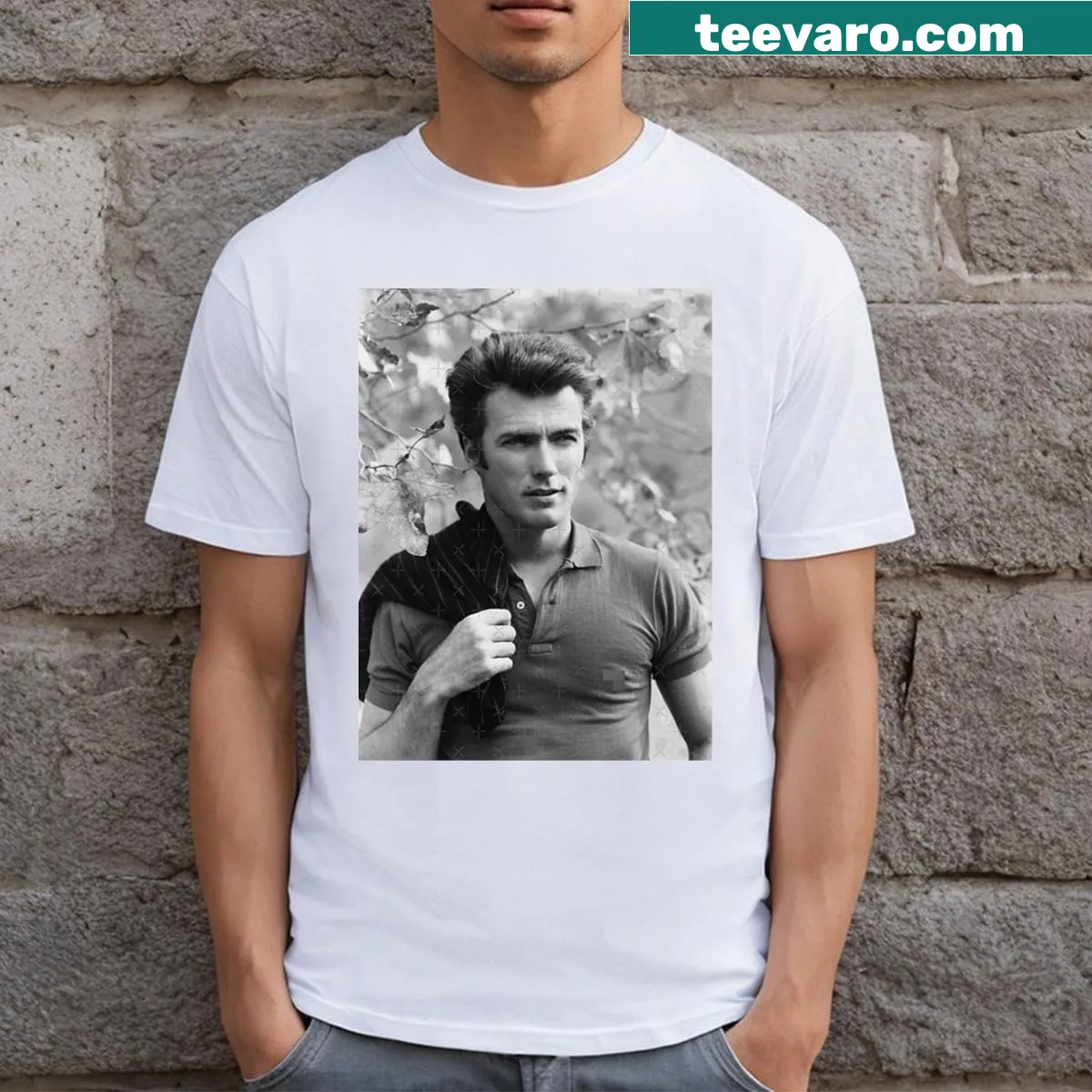 Graphic T-shirt featuring a stylized illustration of Clint Eastwood — on a men's t-shirt