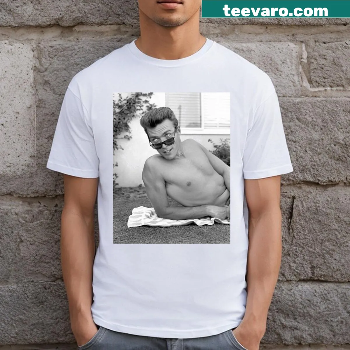 Humorous graphic tee with a playful text about Clint Eastwood — on a men's t-shirt