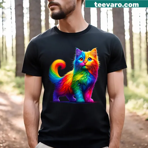 Cartoon-style T-shirt with a colorful rainbow cat graphic
