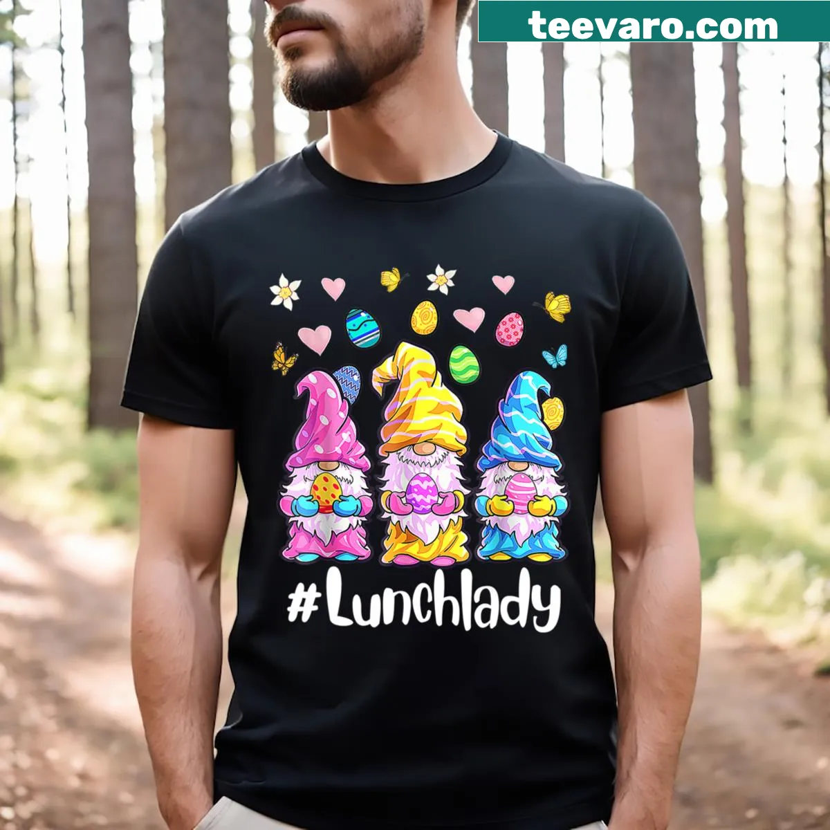 Cute cartoon T-shirt with an Easter gnome and festive elements — on a men's t-shirt