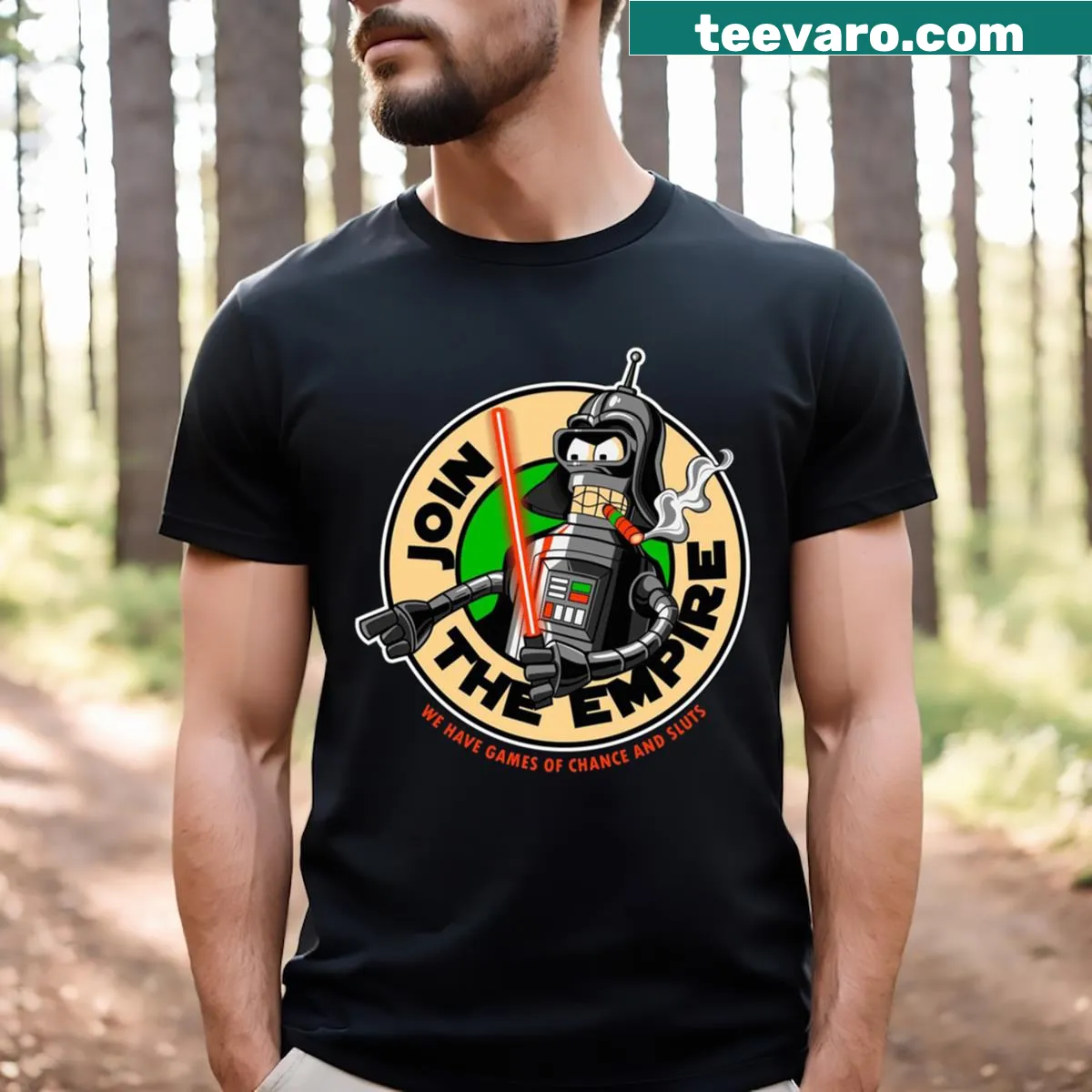 Futurama inspired Darth Bender t-shirt with humorous text — on a men's t-shirt