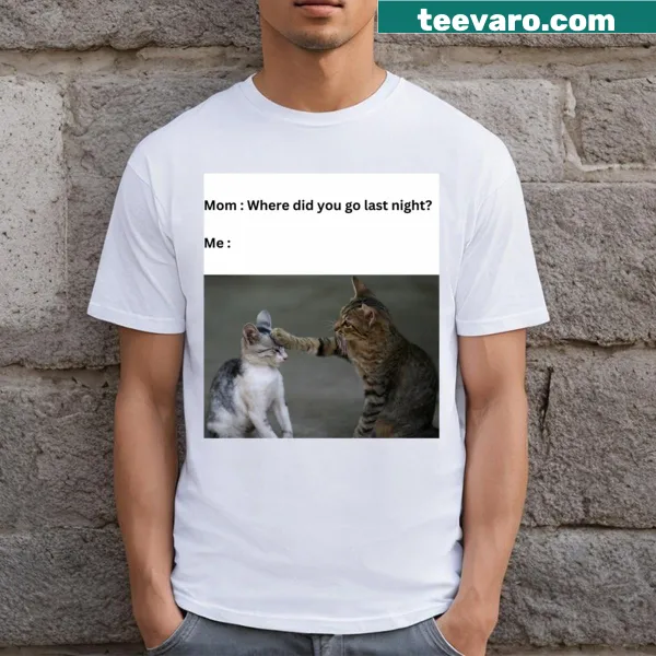 T-shirt featuring a drawing of various cat memes, lighthearted design