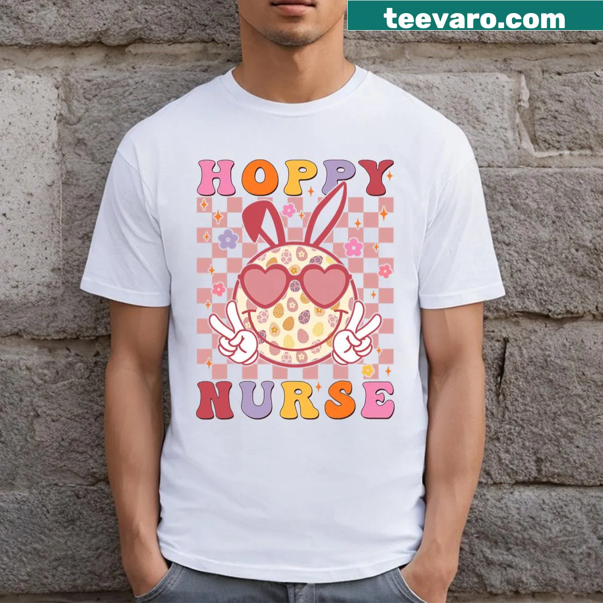 Easter-themed T-shirt with a cute bunny in scrubs — on a men's t-shirt