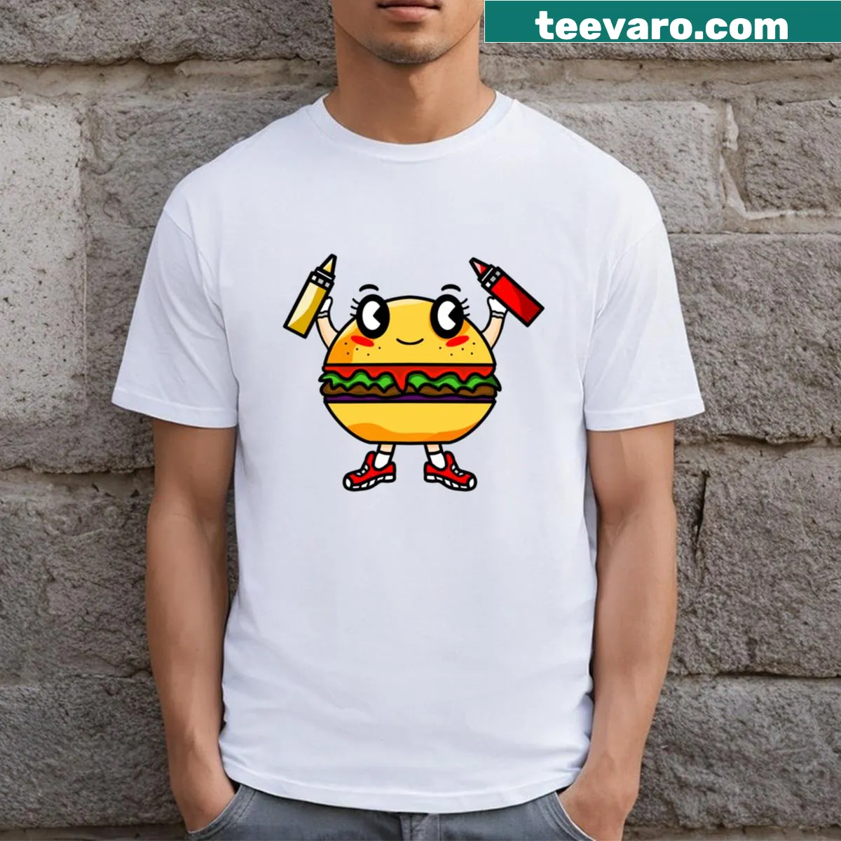 Illustrated hamburger with a smiling face inviting you to eat it. — on a men's t-shirt