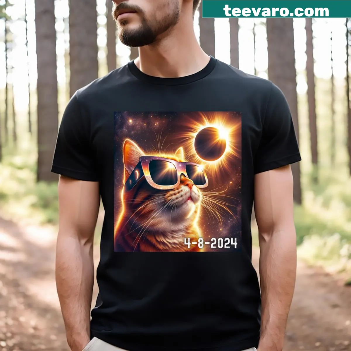 Solar Eclipse 2024 T-shirt with a graphic of an eclipse wearing glasses — on a men's t-shirt