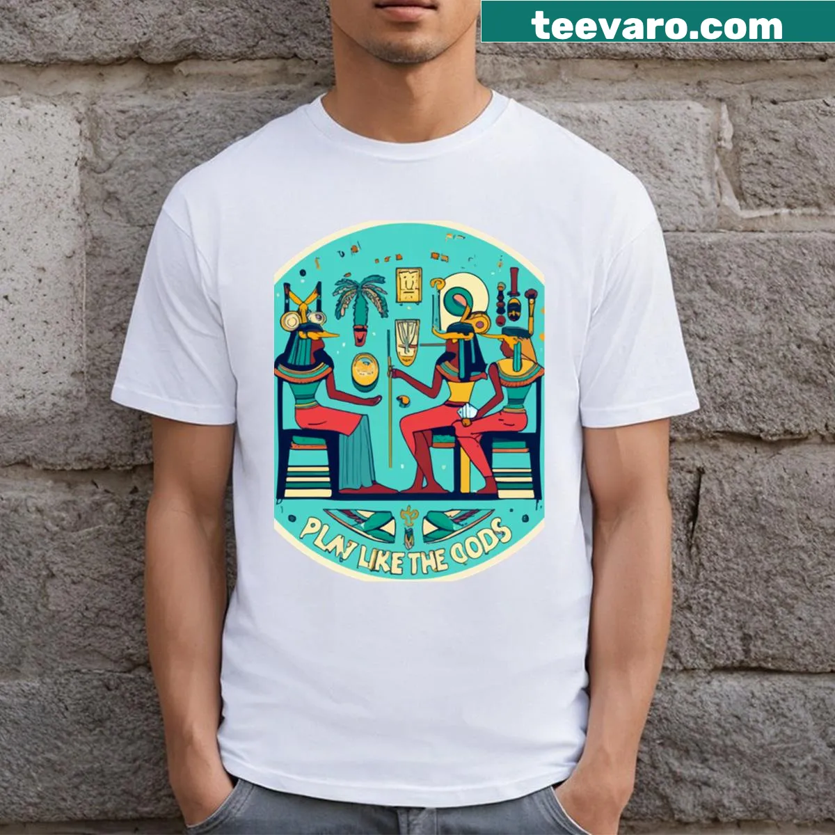 Illustration of Egyptian gods playing Senet, a classic game. — on a men's t-shirt