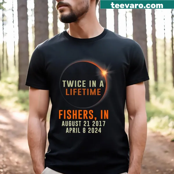 Illustrated T-shirt celebrating the 2024 solar eclipse in Fishers, Indiana