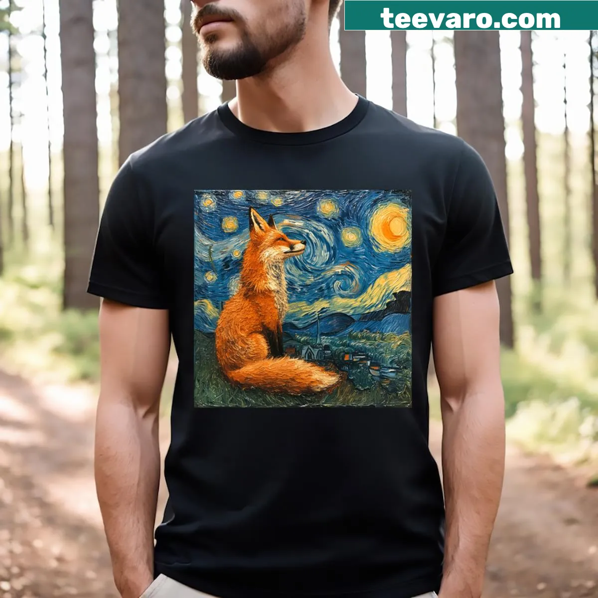 T-shirt featuring a fox in Van Gogh's Starry Night style — on a men's t-shirt