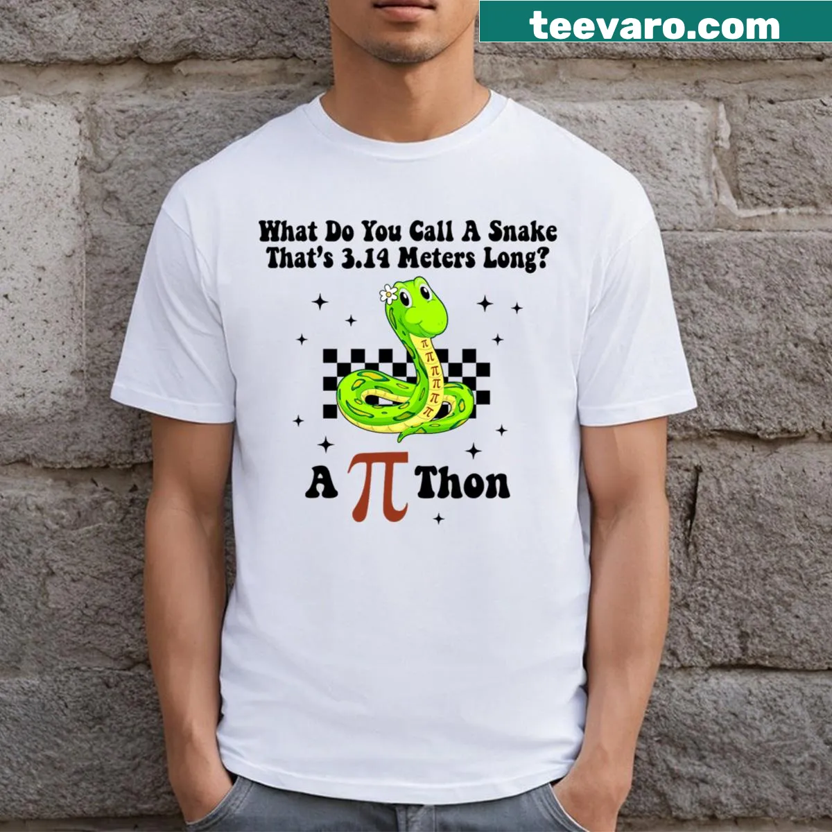Math pun t-shirt featuring puns for Pi Day — on a men's t-shirt