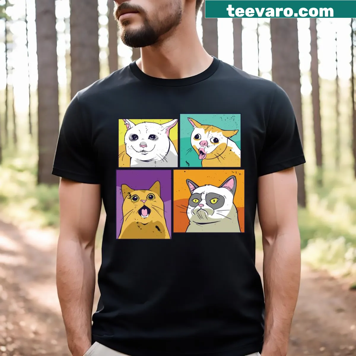 T-shirt with humorous cat meme graphics and playful text — on a men's t-shirt