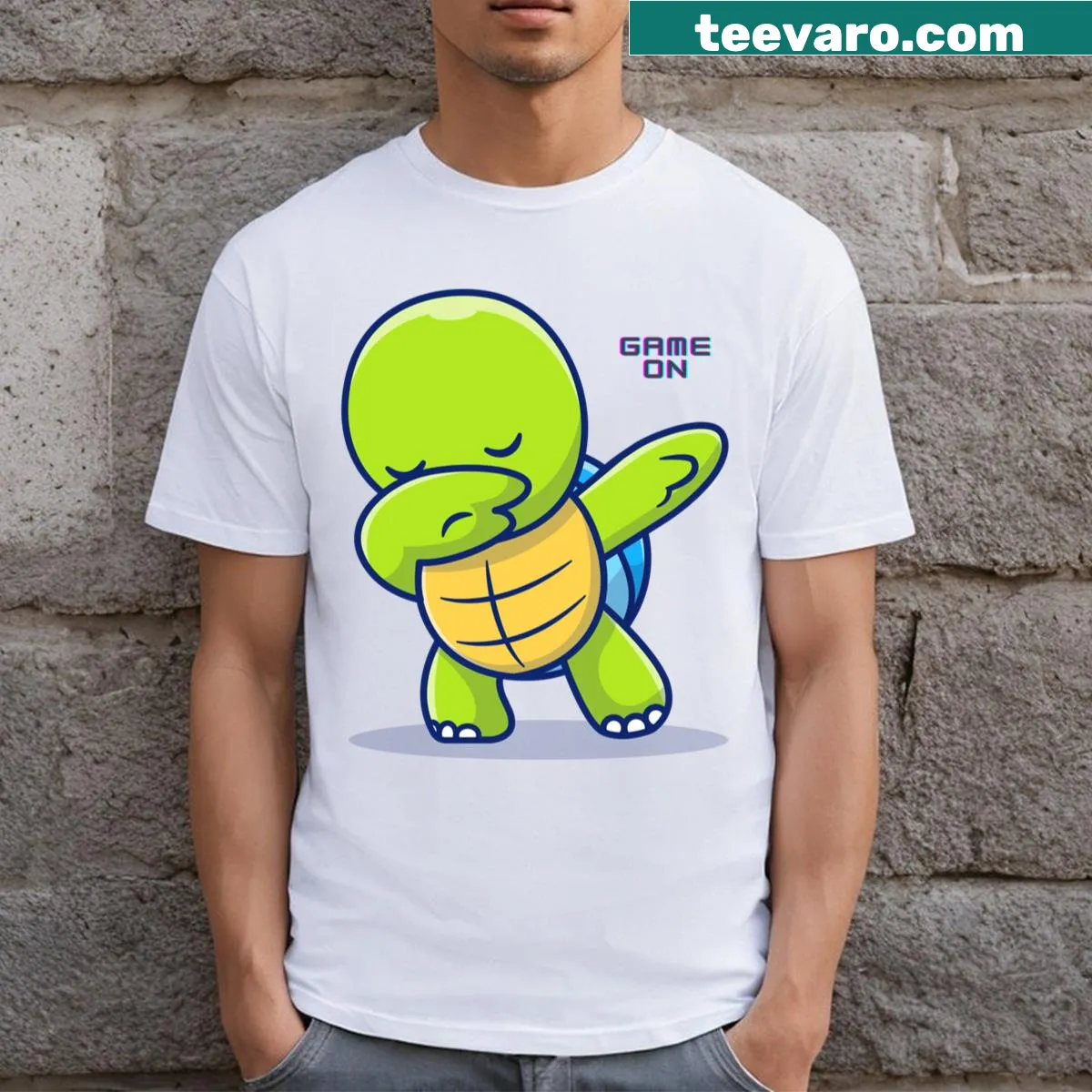 T-shirt featuring fun illustrations of ninja turtles in relaxed poses — on a men's t-shirt