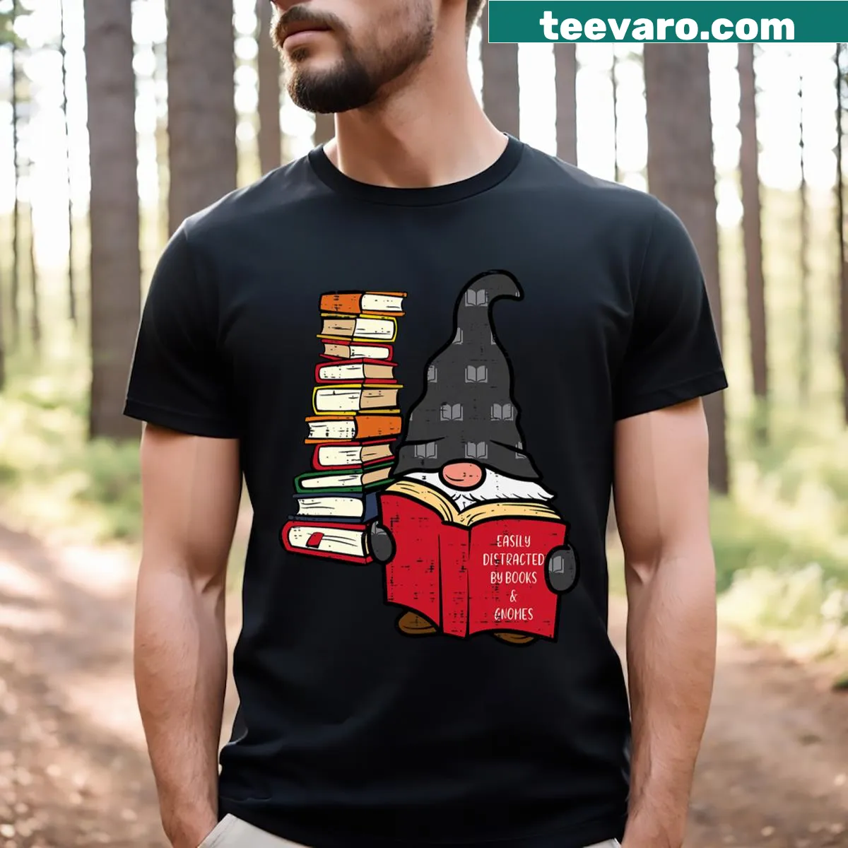 Cute T-shirt for kids featuring a gnome reading a book, promoting literacy — on a men's t-shirt