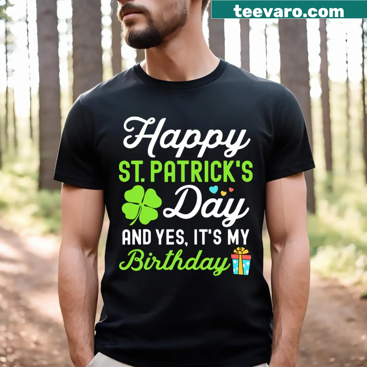 Birthday and St. Patrick's Day celebration text on T-shirt — on a men's t-shirt