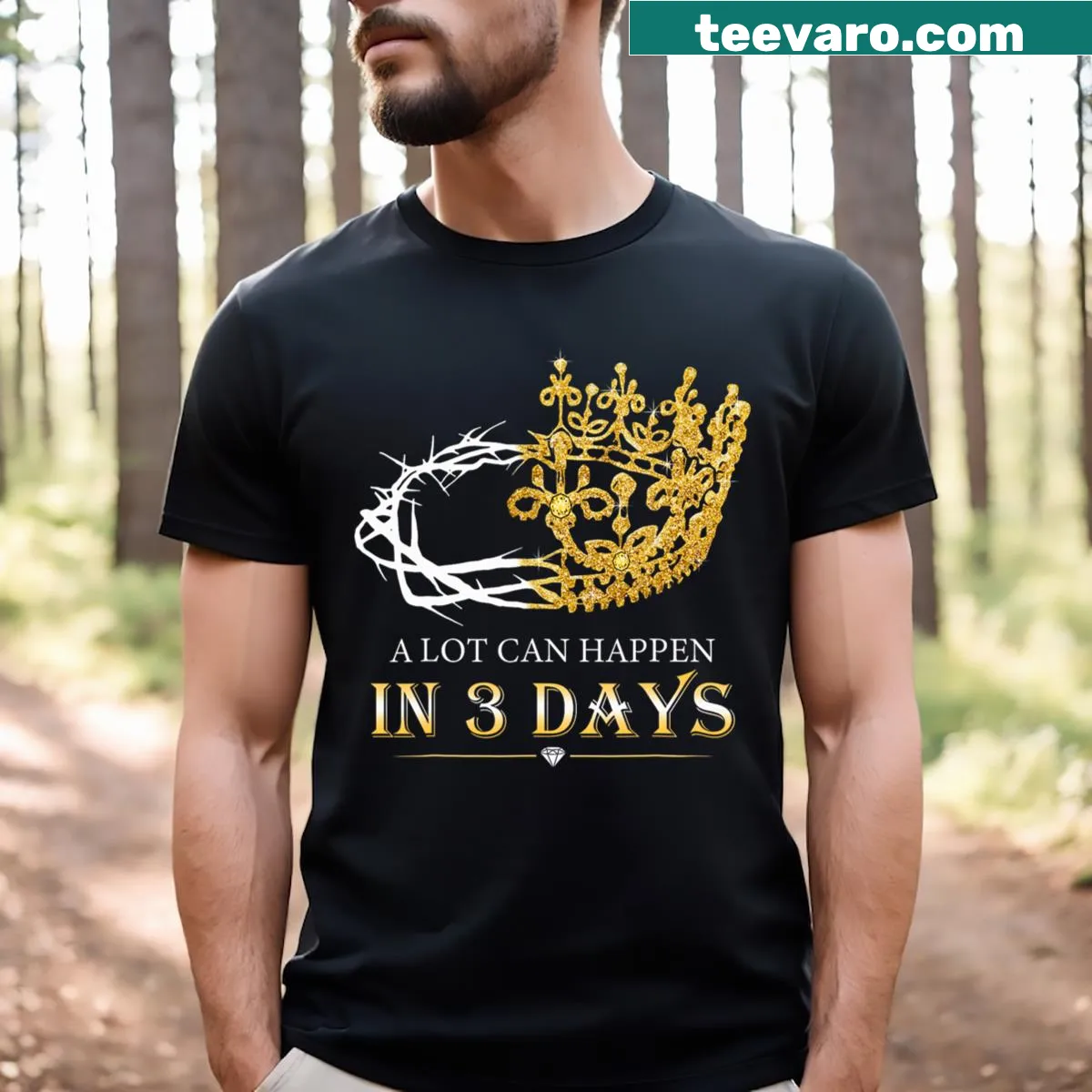 Inspirational Easter T-shirt for men with 'He Is Risen' typography graphic. — on a men's t-shirt