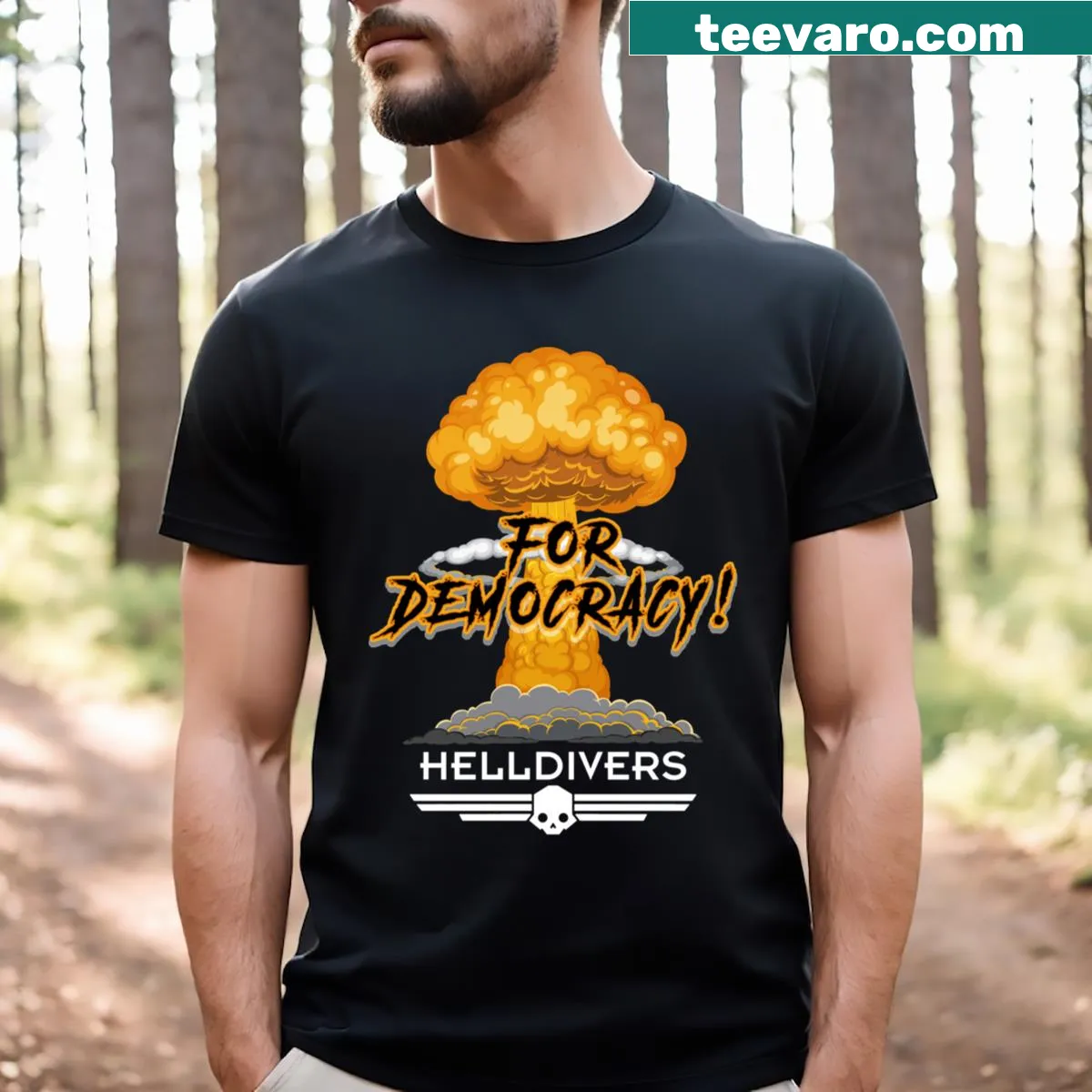 Bold Helldivers For Democ t-shirt with gaming theme — on a men's t-shirt