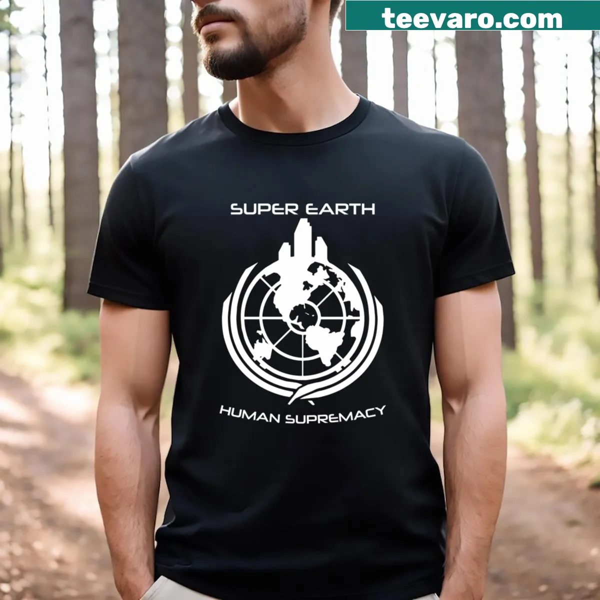 Helldivers graphic t-shirt featuring bold gaming design — on a men's t-shirt