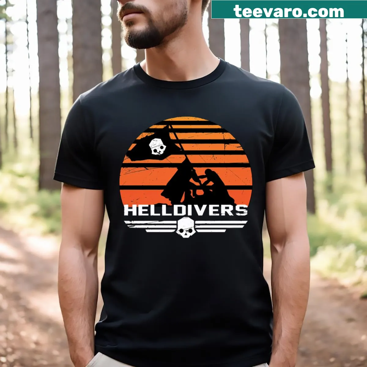 Helldivers Plant The Flag graphic t-shirt with bold imagery — on a men's t-shirt