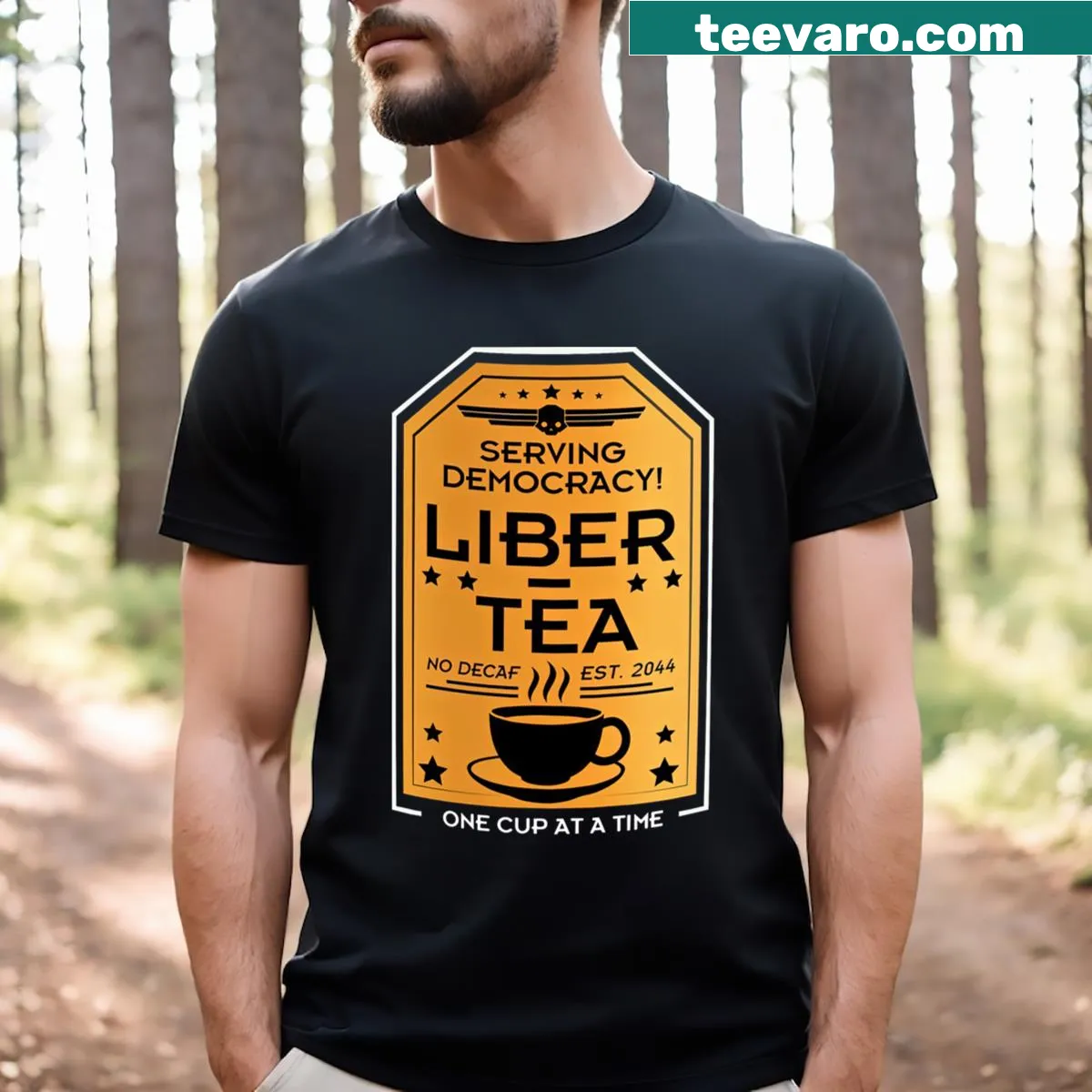 Helldivers Serving Democracy Cup t-shirt with powerful text — on a men's t-shirt