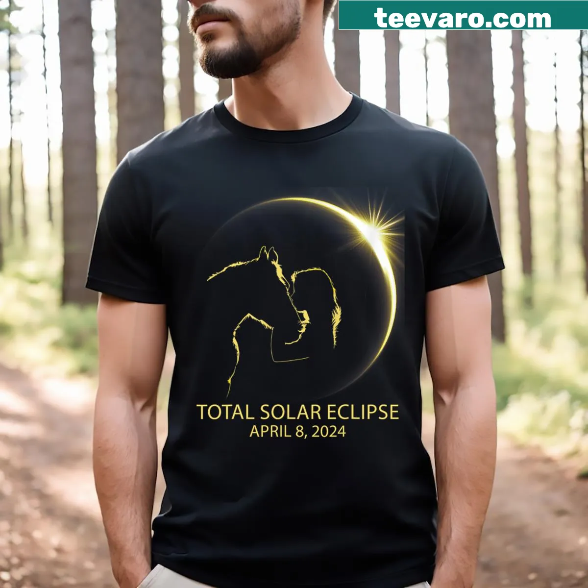 T-shirt featuring a horse and total solar eclipse design for horse lovers. — on a men's t-shirt